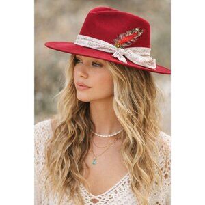 Wyeth Womens Red Wool Felt OS Hat Rancher Fedora Western Boho Cowgirl Chic